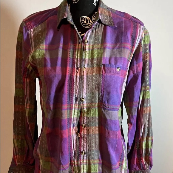 Cabin Creek Tops - Cabin Creek Plaid Long Sleeve Collard Button Down Shirt Multi Colored